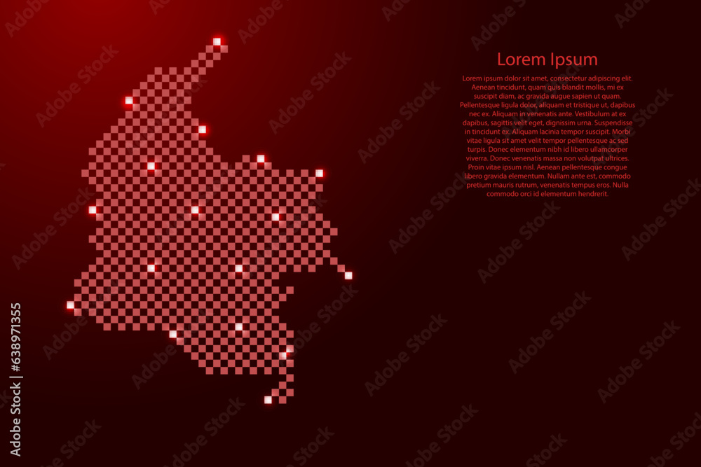 Colombia map from futuristic red checkered square grid pattern and glowing stars for banner, poster, greeting card Colombia map from futuristic red checkered square grid pattern and glowing stars for banner, poster, greeting card
