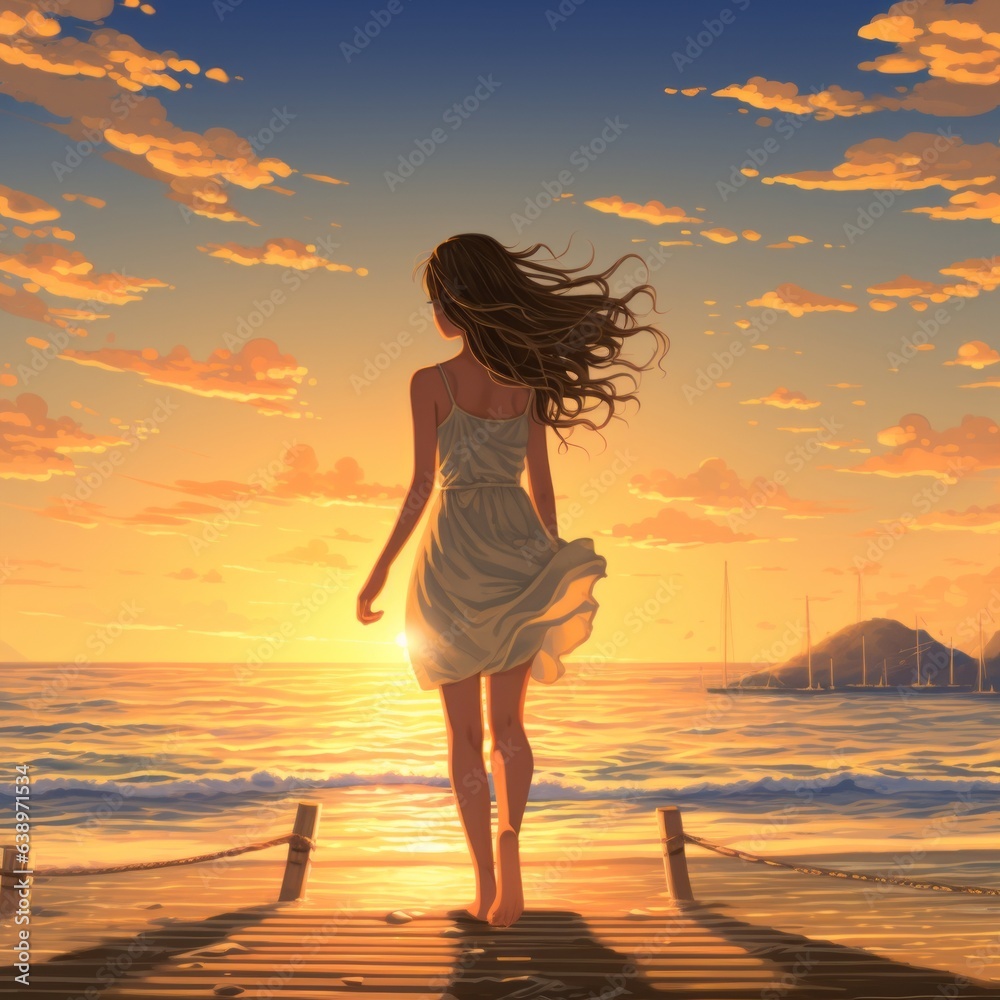 Solitary anime girl strolls beach at sunset, Generative AI Solitary anime girl strolls beach at sunset, Generative AI