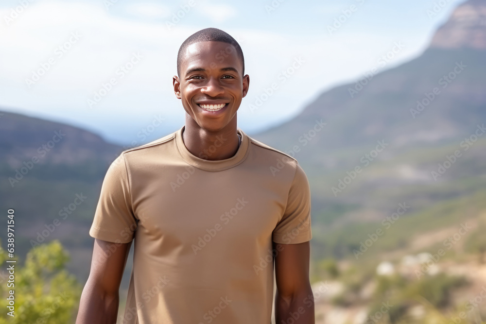 Surprise African Boy In Beige Tshirt On Mountain Scenery Background. Сoncept African Boy, Beige Tshirt, Mountain Scenery, Surprise