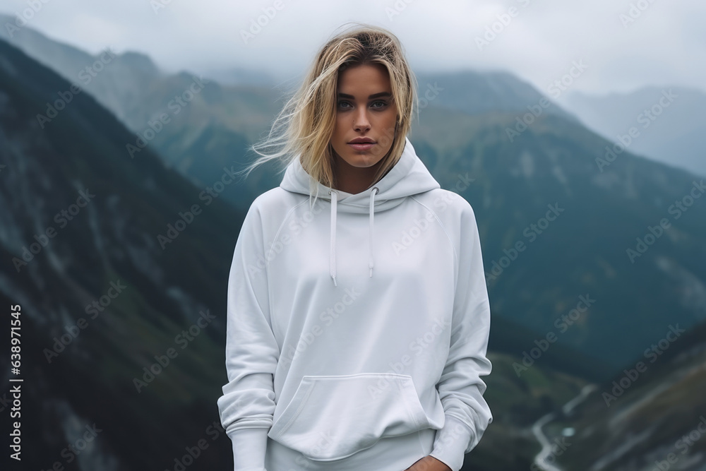 Sadness European Woman In White Sweatshirt On Mountain Scenery Background. Сoncept European Woman In White Sweatshirt, Mountain Scenery Background, Sadness, Female Emotions