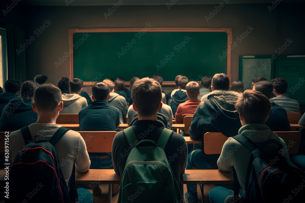 student in a school classroom, seen from behind looking towards the blackboard