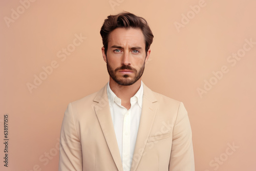 Sadness European Man In Beige Suit On Pastel Background. Сoncept Sadness Mental Health, European Mens Fashion, Pastel Interiors, Beige As A Suit Color