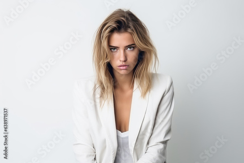 Sadness European Woman In White Blazer On White Background . Сoncept Exploring Depression In European Women, The Power Of White In Representation, Impactful Visuals Of Sadness