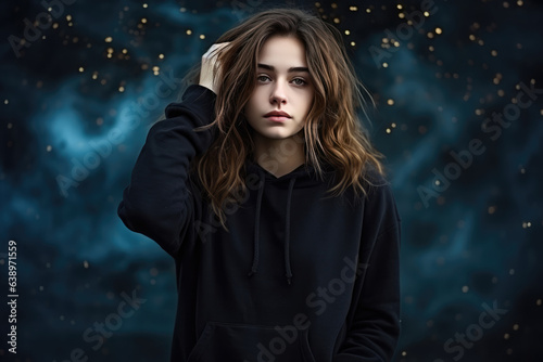 Sadness European Woman In Black Sweatshirt On Galaxy Stars Background. Сoncept Grief For European Women, Black Sweatshirts, Galaxy Stars, Coping With Sadness
