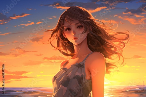 Solitary anime girl strolls beach at sunset, Generative AI