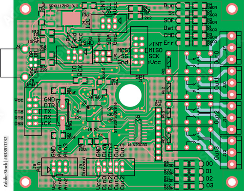 Vector printed circuit board of an electronic 
device with components of radio elements, 
conductors and contact pads placed on it. 
Engineering technical drawing. Electric background. Pcb pattern. 