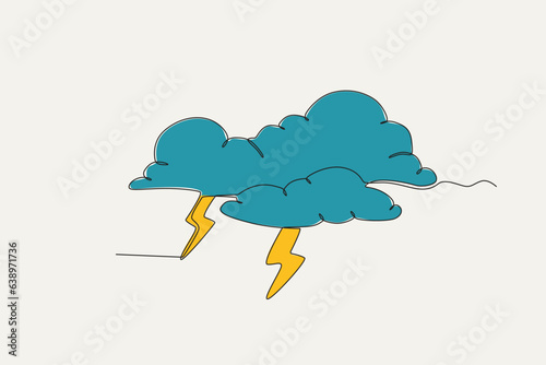Color illustration of a thunderstorm. Hurricane one-line drawing