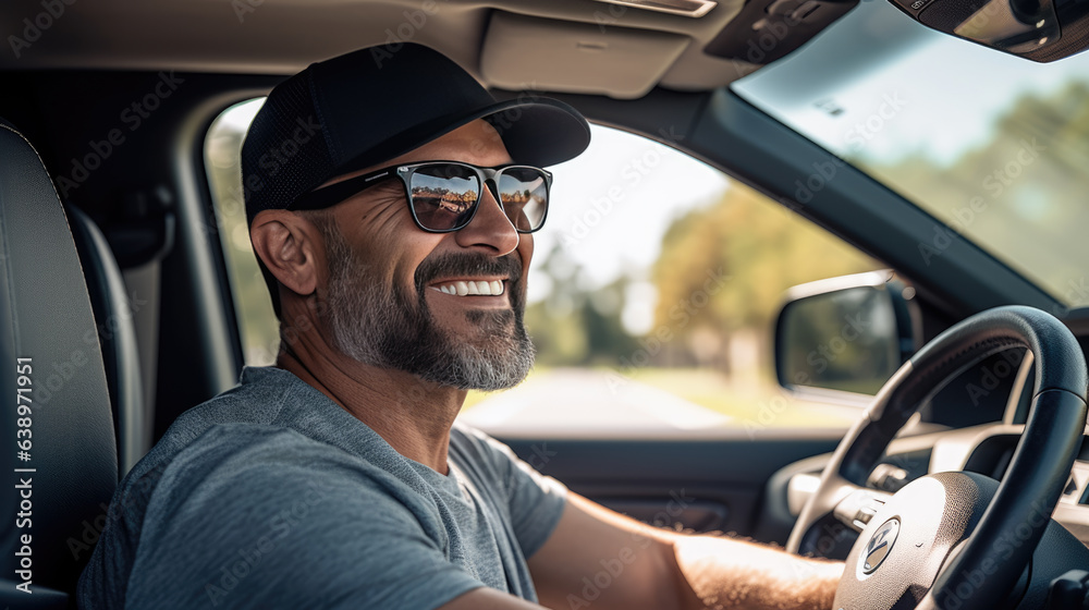 Man sits behind the wheel of a car and smiles Man sits behind the wheel of a car and smiles