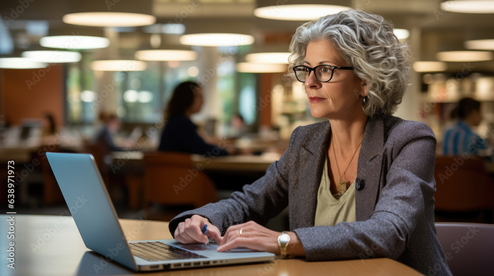 Female professor sits in the university library with a laptop, preparing for a lecture Female professor sits in the university library with a laptop, preparing for a lecture