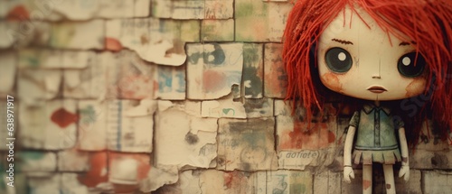 Cute little red hair figurine doll toy standing in front of paper collage wall of art, distressed grungy texture - generative AI