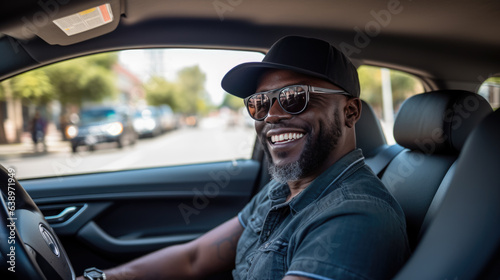 Man sits behind the wheel of a car and smiles