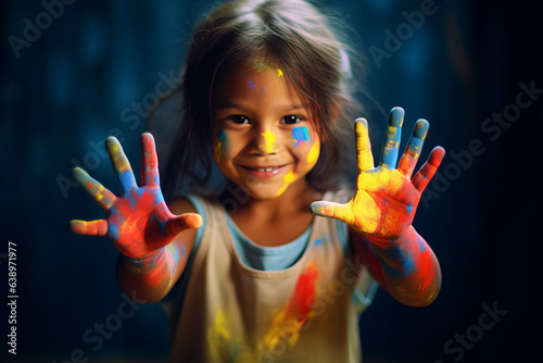 photograph of Little young girl playing with colors. Paint on hands.generative ai