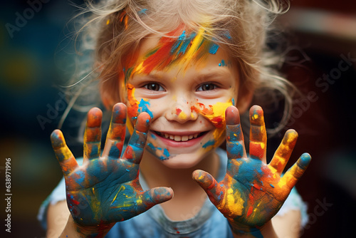 photograph of Little young girl playing with colors. Paint on hands.generative ai