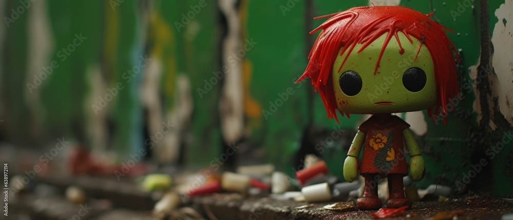 Naklejka premium Penniless poor cute toxic green zombie doll that was a passionate spray paint graffiti artist before becoming undead roaming the urban streets, interested in love and art not brains - generative AI