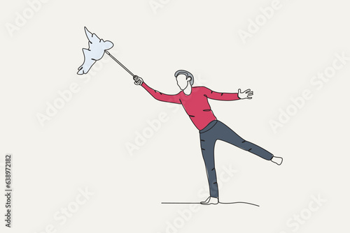 Color illustration of a man being attacked by a storm. Hurricane one-line drawing