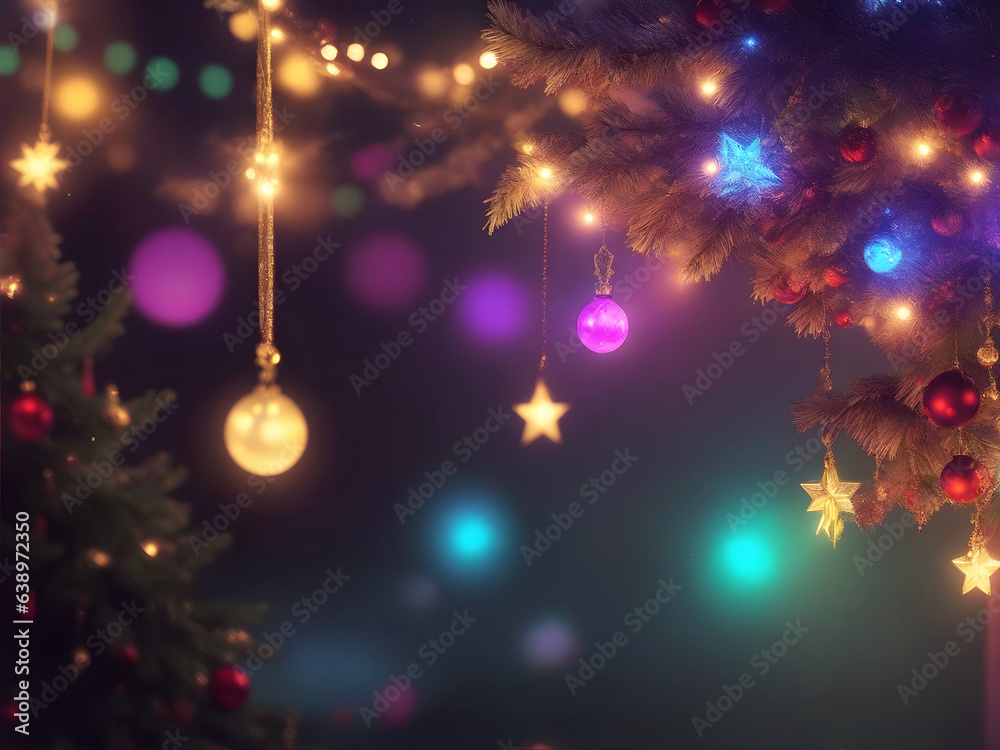 Blurred christmas background with sparkles, stars, shiny garland, illumination, decorations. Copyspace for new year greeeting card, postcard.