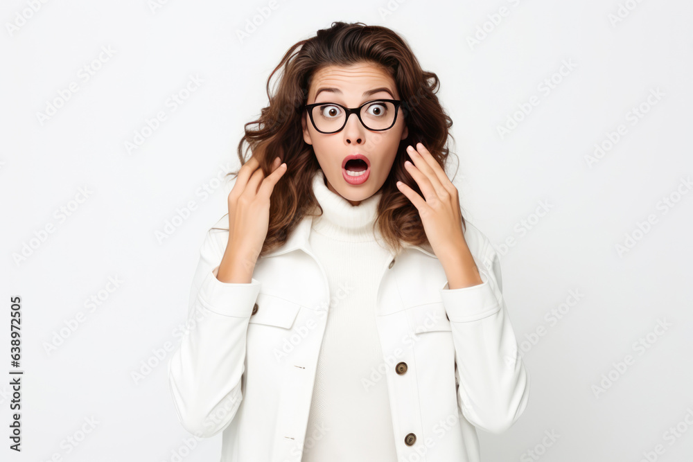 Surprise European Woman In White Jacket On White Background. Сoncept Surprising European Culture, Womens Fashion, White Jacket Styling, White Backgrounds In Photography Surprise European Woman In White Jacket On White Background. Сoncept Surprising European Culture, Womens Fashion, White Jacket Styling, White Backgrounds In Photography