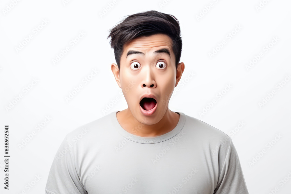 Surprise Asian Man In Gray Tshirt On White Background. Сoncept Asian Representation In Media, Diversity In Photography, Power Of Surprise, Gray Tshirt Fashion Surprise Asian Man In Gray Tshirt On White Background. Сoncept Asian Representation In Media, Diversity In Photography, Power Of Surprise, Gray Tshirt Fashion