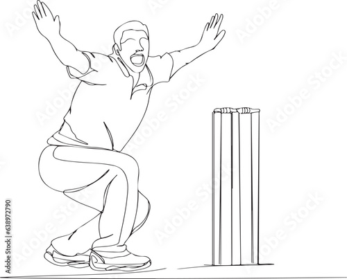 Dramatic Cricket Appeal: One-Line Vector Clip Art of Bowler Seeking Batsman's Dismissal, Dramatic Cricket Appeal: One-Line Vector Clip Art of Bowler Seeking Batsman's Dismissal, 