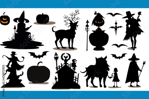 Halloween celebration with pumpkin silhouette, ghost hand, boo, zombie, bat, grave and dry tree