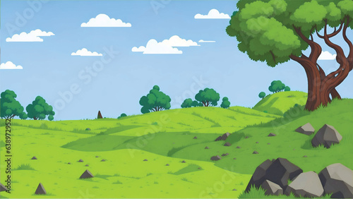 A cartoon scene of a green field with rocks and trees