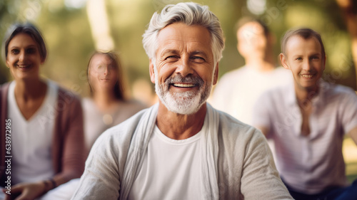 portrait of Mature Men with blurred group people In Class At Outdoor doing Yoga Retreat.generative ai