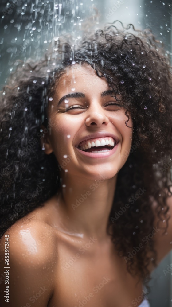 Portrait of a happy woman in a shower. Generative AI