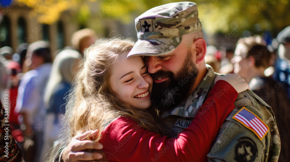 Military man hugs his daughter as he reunites with his family.