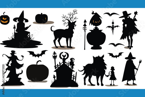 Halloween cartoon elements silhouette. Pumpkin head, witch, skull, grim reaper, haunted house, cat, ghost, moon, spider, poison, pot, broomstick, candy, scythe, web, bat, tombstone icons.