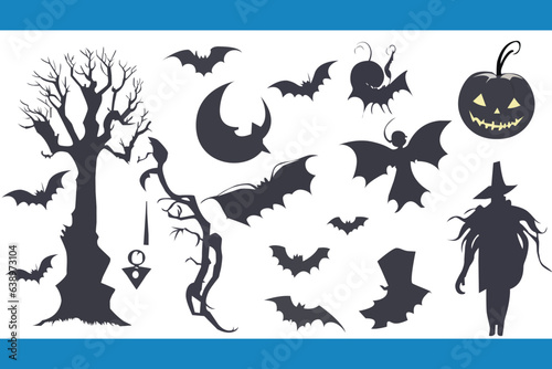 Vector witch, magic hat, carving face pumpkin lantern, ghost, mummy, tree, cat, broom, cauldron, and bat isolated on the white background. Laser cutting template