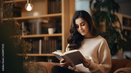 Young woman readig book at home in front of book shelf