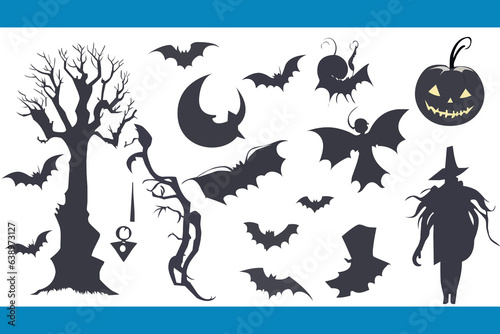 Set of silhouettes of Halloween on a white background. Vector illustration