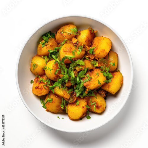 Aloo Dum Nepalese Dish On A White Plate, On A White Background Directly Above View