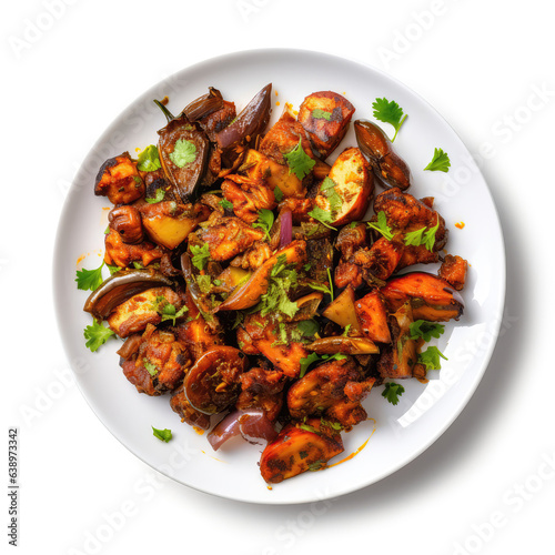 Begun Bhaja Bangladeshi Dish On A White Plate, On A White Background Directly Above View photo