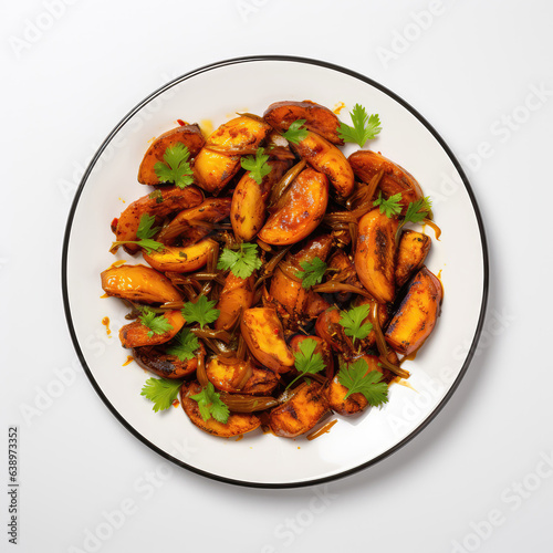 Begun Bhaja Bangladeshi Dish On A White Plate, On A White Background Directly Above View