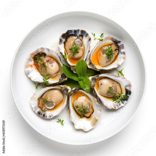 Bluff Oysters New Zealand Dish On A White Plate, On A White Background Directly Above View