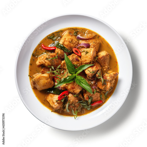 Chicken Curry Sri Lankan Dish On A White Plate, On A White Background Directly Above View