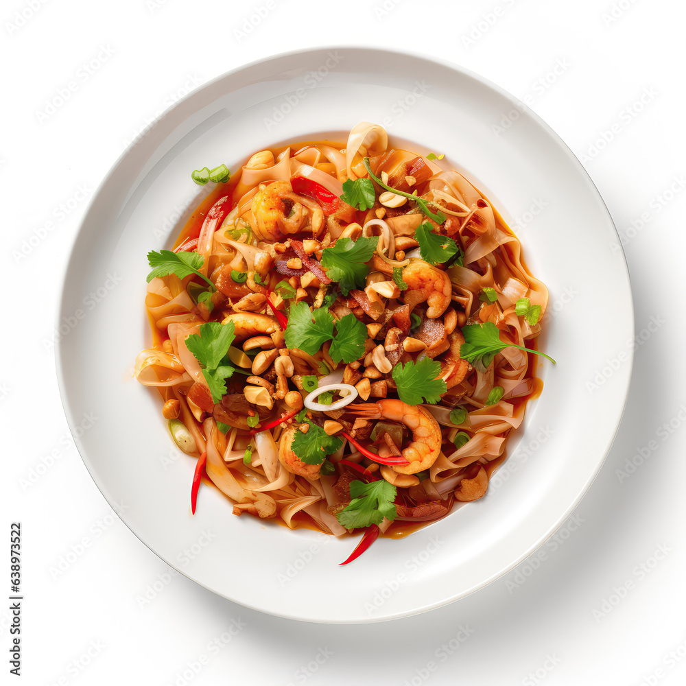 Guay Teow Thai Dish On A White Plate, On A White Background Directly Above View Guay Teow Thai Dish On A White Plate, On A White Background Directly Above View
