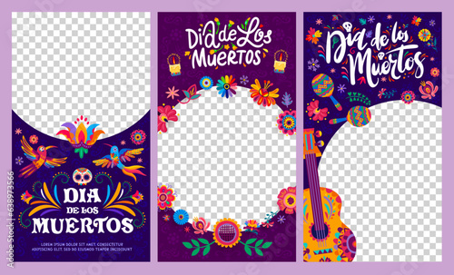 Fotografia Dia de Los Muertos social media templates, Day of Dead banners with frames, vector backgrounds