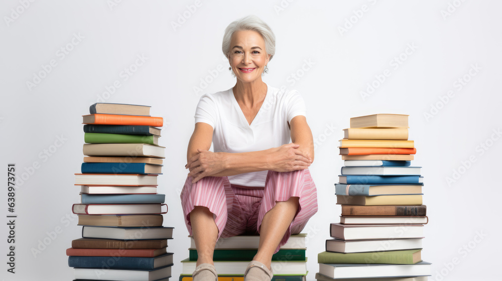 Middle-aged woman sits on a gray background next to stacks of books Middle-aged woman sits on a gray background next to stacks of books