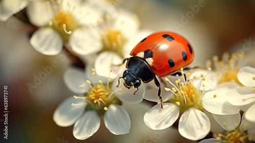 Super Macro Capture of Ladybug's Black-Eyed Beauty on White Blossom