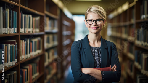 Middle age librarian or college teacher standing in library in front of book shelfes photo