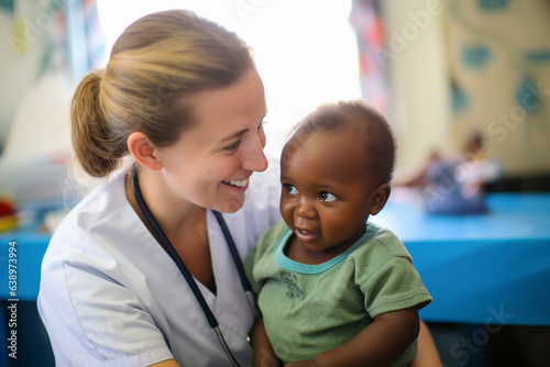 Female Caucasian doctor holding little African black girl - Generative AI