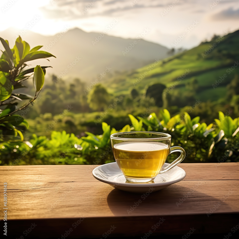 Warm cup of tea and organic green tea eaf on wooden table Warm cup of tea and organic green tea eaf on wooden table