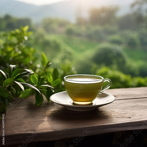 Warm cup of tea and organic green tea eaf on wooden table