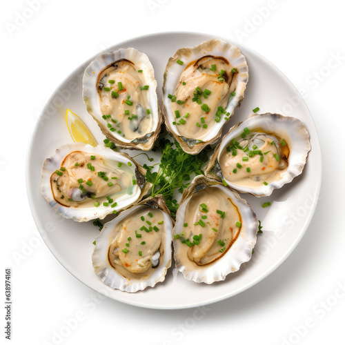Oysters Irish Dish On A White Plate, On A White Background Directly Above View