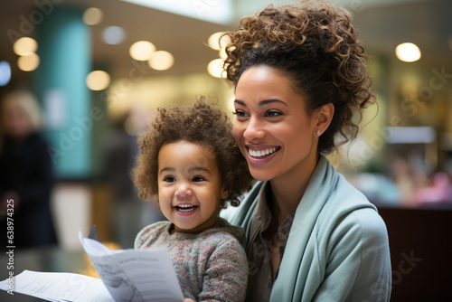 African America mother with her daughter at reception desk in the hospital - Generative AI