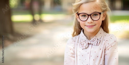 A girl in glasses in the school yard. Generative AI