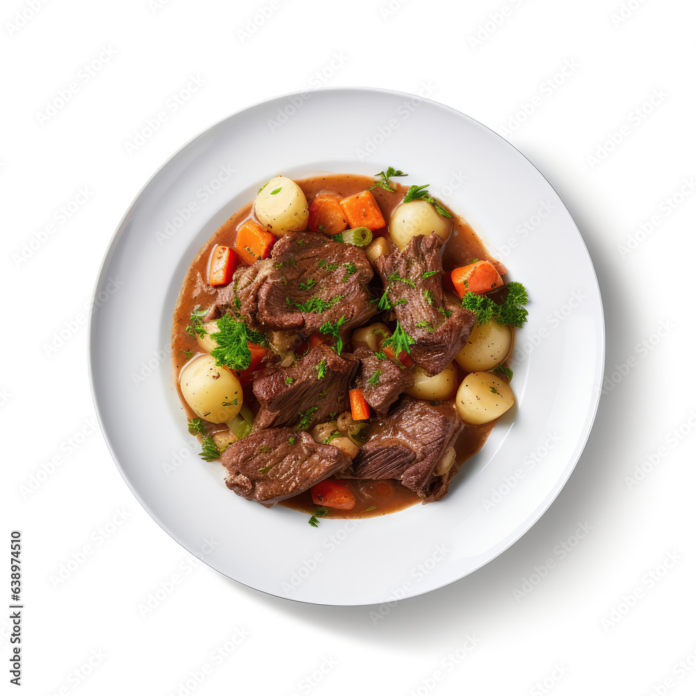 Swiss Stew Swiss Dish On A White Plate, On A White Background Directly Above View Swiss Stew Swiss Dish On A White Plate, On A White Background Directly Above View