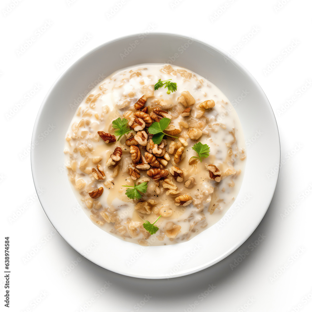 Swiss Birchermesli Swiss Dish On A White Plate, On A White Background Directly Above View Swiss Birchermesli Swiss Dish On A White Plate, On A White Background Directly Above View